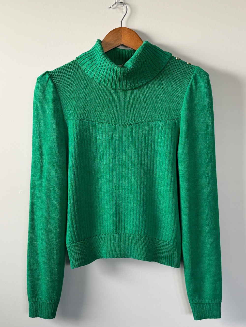 Vintage St John Ribbed Turtleneck Sweater Kelly Green Gold Button Size Small - Picture 6 of 15